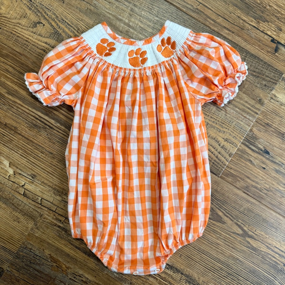 CLEMSON Vive La Fete Smocked Romper Kids 18M Orange Gingham Bubble Romper Tigers